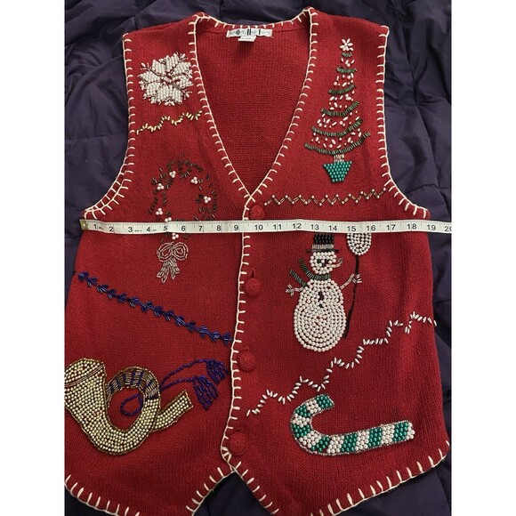 Vintage 90s Christmas Knit Vest Medium Kitschy Beaded Grandma Retro Whimsical - Picture 4 of 7